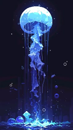 a blue jellyfish floating in the water with bubbles and bubbles around it's head