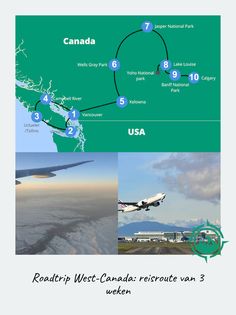 the route map for canada with several destinations and locations to go on each side, including an air plane