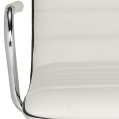 a white leather office chair with chrome frame and armrests, viewed from the front