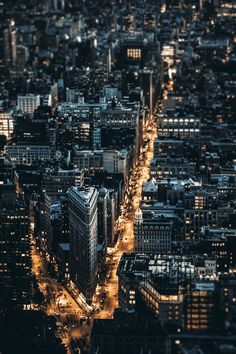 an aerial view of a city at night