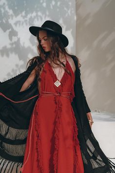 Long Bohemian Dress With Back Tassel Tie-up, Bohemian Dresses With Back Tassel Tie-up, Sleeveless Festival Dress With Back Tassel Tie-up, Red Fringe Dresses For Summer, Bohemian Maxi Dress With Fringe, Red V-neck Dress For Festivals, Red Hippie Boho Maxi Dress, Red Fringe Summer Dress, Sleeveless Festival Dress With Tassel Ties