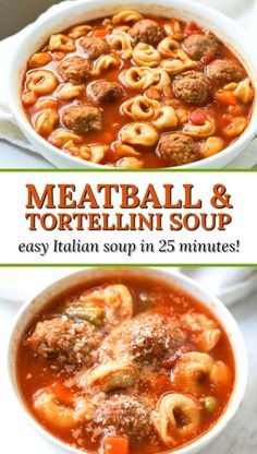 meatball and tortellini soup in a white bowl with the title overlay