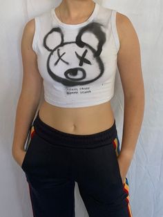 -Hand Painted -machine washable -One size -small/medium strech *Note: all crop tops are hand painted and even though designs are replicated, each shirt is one of a kind White Grunge Crop Top With Crew Neck, White Graphic Print Grunge Crop Top, White Grunge Graphic Print Crop Top, White Grunge Crop Top With Graphic Print, Casual Hand Painted Cotton Tops, Casual Cotton Hand Painted Tops, Painted Crop Top, Graffiti Top, Diy Marker