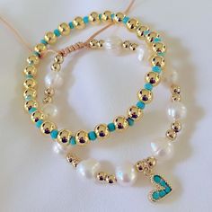 Baroque Fresh Water Pearls Gold/Turquoise Beads Tarnish Free Ships Within 1-2 Business Days Turquoise Beaded Jewelry, Beaded Bracelets Preppy, Cute Beaded Bracelets, Bracelets Preppy, Boho Cuff Bracelet, Homemade Bracelets, Gold Beaded Bracelet, Beautiful Beaded Bracelet, Bracelets Handmade Diy