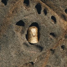 a gold ring sitting on top of a rock covered in holes and rocks with animal tracks