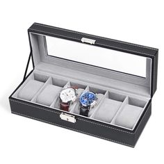 PRICES MAY VARY. Unique Design: It's Made of premium quality waterproof artificial leather and velvet. This mens watch organizer is exquisite, gorgeous and attractive. And it is easy to clean. You just need to wipe the display case organizer with cloth Overall Dimensions: 11.82"L x 4.33"W x 3.25"H. There is plenty of space between the lid and cushions to accommodate different size watches (30mm-50mm). Each watch cushion holds a small or large watch neatly in place Real Glass Lid: Keeps your watc Leather Watch Case, Watch Display Case, Leather Watch Box, Watch Organizer, Mens Valentines Gifts, Watch Storage Box, Watch Stand, Watch Holder, Box Display