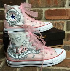 Customizable Pink Sneakers As A Gift, Pink Round Toe Sneakers For Birthday, Pink Low-top Sneakers For Birthday, Pink Lace-up Sneakers For Birthday, Painted Converse High Tops, Bat Mitzvah Logos Design, Sewn Flowers, Personalized Converse, Bat Mitzvah Logo