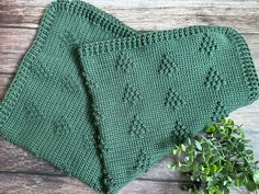 a green crocheted dishcloth on top of a wooden table next to a potted plant