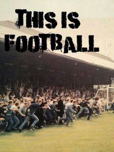 an old photo with the words this is football in front of a large group of people