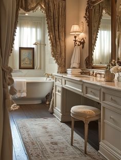 a bath room with a tub a sink and a mirror