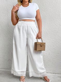 Plus Size Romantic Lace Patchwork Long Pants, Versatile White White Casual   Woven Fabric Colorblock,Plain Straight Leg Non-Stretch  Women Plus Clothing, size features are:Bust: ,Length: ,Sleeve Length: Pants Plus Size, Romantic Lace, Lace Patchwork, Brown Pants, Plus Size Pants, Long Sleeve Pyjamas, White Pants, Kids Beachwear, White Casual