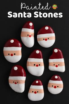 six painted rocks with santa's faces on them, all in red and white