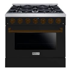 HALLMAN BOLD 36 Dual Fuel Range, Glossy Black, Bronze Trim HBRDF36BZGB - Farmhouse Kitchen and Bath Porcelain Oven, Freestanding Range, Stainless Steel Backsplash, Convection Cooking, Dual Fuel Ranges, Large Oven, Iron Grate, Single Oven, Gas Oven