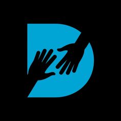 two hands reaching for each other in the middle of a blue and black letter d