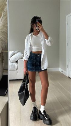 outfit for summer
denim mini skirt
summer denim
button up 
loafers Uni Outfits, Mode Vintage