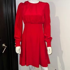 Dolce & Gabbana Size 44 Bright Red Dress Brand New W/Tags Gorgeous! Seam Rip In Seam Shown In Pictures. Elegant Red A-line Dress, Designer Red Party Dress, Elegant Red Silk Midi Dress, Red A-line Dress For Dinner, Designer Red Silk Dress, Classic Long Sleeve Cocktail Dress, Designer Fitted Red Dress, Designer Red Fitted Dress, Elegant Red A-line Mini Dress