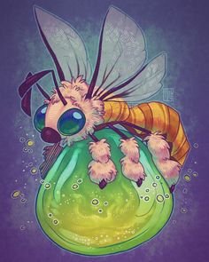 a painting of a bee sitting on top of a green object with water droplets around it