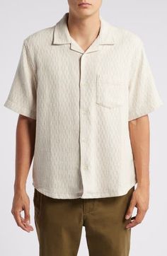 A softly textured cotton weave furthers the relaxed comfort of a camp shirt that's washed and faded to feel like a well-loved favorite. 27 1/2" length (size medium) Front button closure Notched collar Short sleeves Chest patch pocket 100% cotton Hand wash, line dry Imported Beige Camp Shirt With Relaxed Fit And Camp Collar, Beige Johnny Collar Shirt With Relaxed Fit, Cream Camp Collar Shirt For Summer, Cream Summer Shirt With Camp Collar, Summer Cream Shirt With Camp Collar, Summer Cream Camp Shirt With Relaxed Fit, Casual Cream Johnny Collar Top, Casual Cream Top With Johnny Collar, Casual Beige Camp Collar Shirt