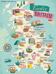 an illustrated map of foodie england with all the places to eat and drink on it