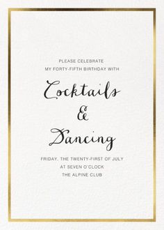 a white and gold wedding card with the words cocktails and dancing printed on it