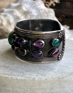 Beautiful Muiltistone Amethyst Green Stone Sterling Silver Vintage Cuff Bracelet weighs 49 grams Amethyst Gemstone Bangle, Multi-stone Amethyst Bracelet, Vintage Cuff Bracelet, Usa Jewelry, Handcrafted Necklace, Green Stone, Cuff Bracelet, Cuff Bracelets, Vintage Items