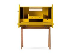 a yellow desk with drawers and a shelf on it's side, in front of a white background