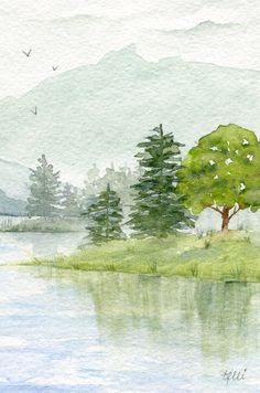 a watercolor painting of a lake with trees and birds flying over it in the background