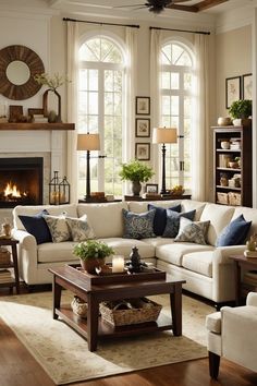 a living room filled with furniture and a fire place in the middle of a room