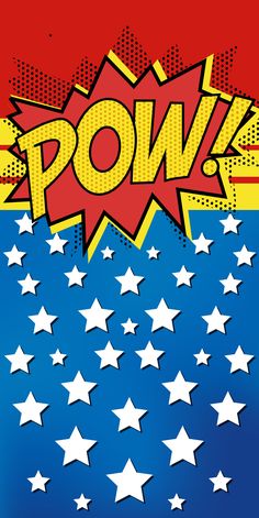 the word pow is surrounded by stars on a red, blue and yellow background with white dots