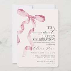 a pink and white birthday party card with ribbon on the front, it's a sweet sixteen celebration