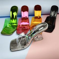 Transparent Heel Colorful PVC Slippers – Premiwear.com Vintage Inspired Shoes, Clear Sandals, Vintage Style Hat, Colorful Slippers, Unique Heels, Transparent Heels, Men's Vintage Style, Crystal Heels, High Heel Mules