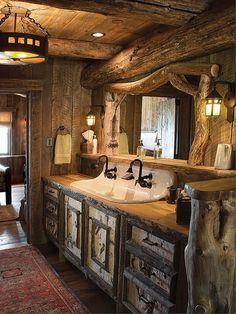 an old log cabin bathroom is featured in the instagramt for facebook users to share