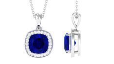 3 CT Cushion Cut Created Blue Sapphire and Zircon Halo Classic Pendant - Rosec Jewels Classic Pendant Necklace, Sapphire Pendant Necklace, Blue Sapphire Pendant, Sapphire Necklace Pendants, Halo Pendant, Sapphire Pendant, Statement Pendant, Cushion Cut, Blue Sapphire