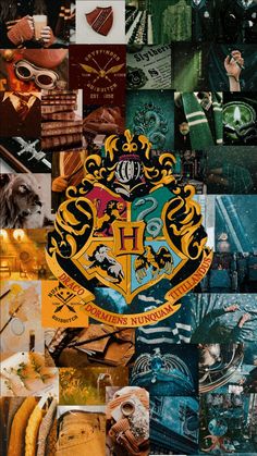 harry potter collage with hogwart's crest and other things in the background