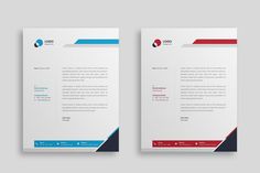 two letterheads with blue, red and white lines on the front and back