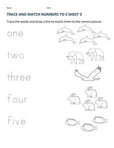 trace and match numbers to 5 sheet 3 worksheet for kids with animals in the background