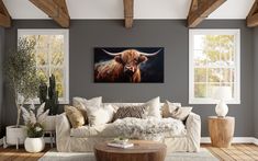 "Transform your living space with the captivating charm of Highland Cattle Extra Large Statement Wall Art. This stunning artwork showcases the distinctive beauty of Highland cattle, known for their long, shaggy coats and majestic presence. With its extra-large size, this painting becomes a focal point in your farmhouse or living room, infusing the space with rustic allure. The high-quality oil painting printed on canvas captures the intricate details and textures of the cattle, creating a lifeli Elk Artwork, Farmhouse Living Room Art, Cabin Wall Decor, Wolf Painting, Deer Painting, Foggy Forest, Texas Longhorn, Statement Wall, Cabin In The Woods