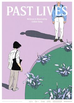 the poster for past lives shows two people standing on a hill with flowers in front of them