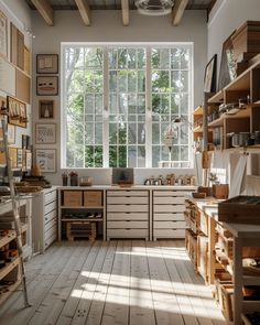 a kitchen with lots of drawers and shelves