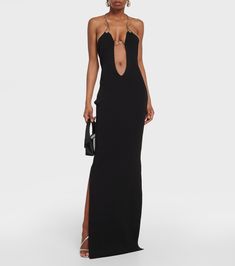 Mirabi halterneck cutout maxi dress in black - Aya Muse | Mytheresa Luxury Halter Neck Dress For Night Out, Sleek Halter Neck Cocktail Maxi Dress, Sleek Halter Neck Maxi Dress For Cocktail, Sleek Halter Neck Maxi Dress For Date Night, Date Night Halter Neck Maxi Dress With Side Slits, Sleek Halter Neck Maxi Dress For Night Out, Formal Backless Maxi Dress With Side Slits, Chic Halter Neck Maxi Dress With Side Slits, Chic Halter Maxi Dress With Side Slits