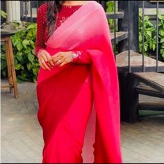 Pink And Red Combination Crushed Georgette Saree With Thread Sequins Blouse. Blouse Comes Back Buttons And Full Sleeves. Blouse Size-34”( Extended Up To 38”) Red Traditional Drape Blouse For Evening, Red Saree For Evening, Red Blouse With Traditional Drape For Party, Red Traditional Drape Blouse For Party, Red Semi-stitched Blouse For Party, Traditional Drape Red Blouse Piece For Party, Pink Evening Blouse For Party Season, Red Fitted Blouse Piece For Evening, Fitted Red Blouse For Evening