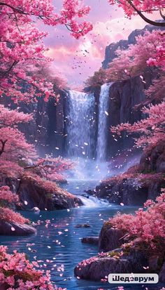 the waterfall is surrounded by pink flowers and trees in the foreground, with water flowing from it