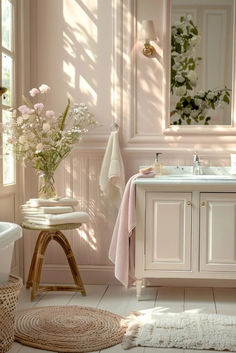 a bathroom with pink walls and white fixtures