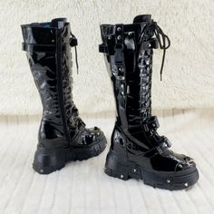 Wang Black Patent Punk Festival 2" Platform 4.5" Wedge Knee Boot Space Cookies | Totally Wicked Footwear Space Cookies, Punk Festival, Triangle Ring, Knee Boot, Foot Bed, Alternative Outfits, Leather Lace, Side Pocket, Quick Release