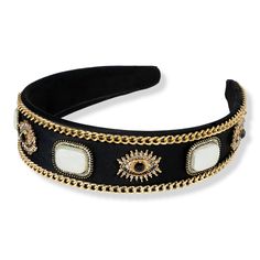 Evil Eye Headband -  Locks & Mane's Evil Eye Headband is a satin touch fabric headband embellished with ornate jewelled evil eyes and enameled large pearls. This statement headband is the perfect accessory to add some fun to your look. Pair with a toned down outfit and you're destined to be a fashionista.  - Evil Eye Headband Black Evil Eye, Statement Headband, Leather Hair Accessories, Hair Extension Brands, Wide Eyes, Headband Black, Embellished Headbands, Cute Box Braids Hairstyles, Jeweled Headband