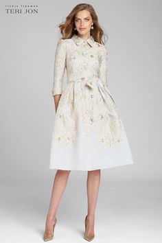 Metallic Jacquard Shirtdress Evening Gowns With Sleeves, Teri Jon, Classic Shirt Dress, Rehearsal Dinner Dresses, Jacquard Dress, Tea Length Dresses, Dinner Dress, Gowns With Sleeves, Groom Dress