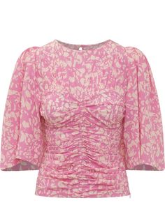 Find Isabel Marant Étoile Lidiane Dress on Editorialist. Pink mini dress. Ruffle sleeves. Button closure at back. Gathered effect on front and back. All-over pattern. Floral Rosa, Vestido Casual, Floral Print Tops, Pink Mini Dresses, Stretch Dress, Pink Blouse, Pink Silk, Silk Blouse, Isabel Marant