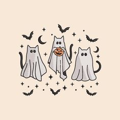 three ghost cats with pumpkins in their mouths and bats around them, on a pink background