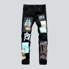 Introducing our 2023 Autumn Collection of Men's Street Jeans a perfect combination of street style and modern fashion!Why It's A Must-HaveThese jeans are patterned to make you stand out from the crowd. With their formed fit. pieced-together detailing. skull-devil pattern. and buttons closure. they provide an edgy. stylish look that is perfect for any street trend enthusiast.Distinctive Features: Street Style: From the skinny silhouette to the pieced-together detailing. these jeans provide the pe Black Jeans With Graphic Print For Fall, Black Graphic Print Jeans For Spring, Modern Streetwear Jeans For Fall, Fall Straight Leg Jeans With Graphic Print, Modern Jeans For Fall Streetwear, Graphic Print Cotton Jeans For Fall, Fall Graphic Print Straight Leg Pants, Graphic Print Denim Jeans For Fall, Edgy Straight Leg Jeans With Graphic Print