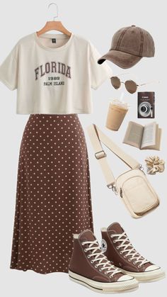 #brown #brownaesthetic #neutral #graphictee #modestfashion #skirt #beachoutfit #summer #spring #outfit #outfitideas #schoolfit #ootd #christiangirl #vintage #retro Modest Brown Outfits, Apostolic Business Casual, Dark Academia Beach Outfit, Brown Skirt Outfit Summer, Surfergirl Style, Modest Outfit, Modesty Outfits, Cute Modest Outfits, Everyday Fashion Outfits